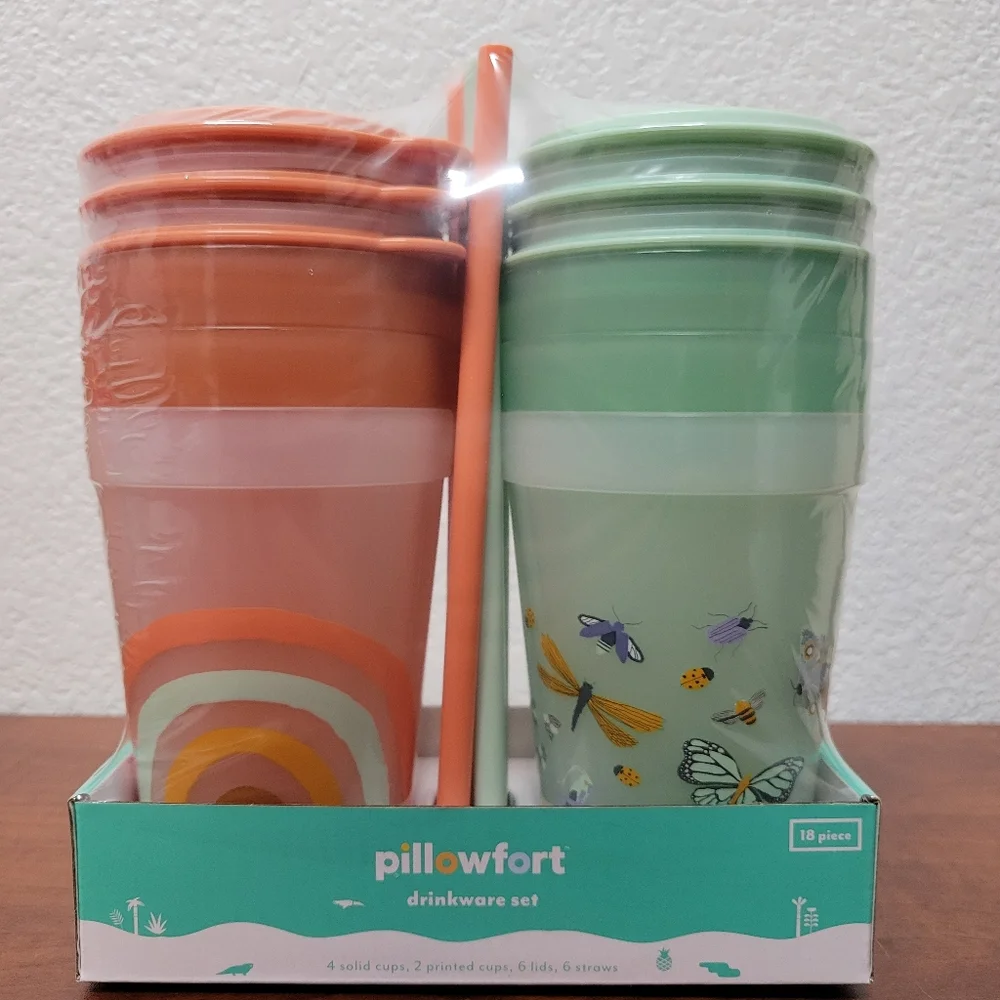 Pillowfort Orange and Green 18 Piece Drinkware Set NWT
